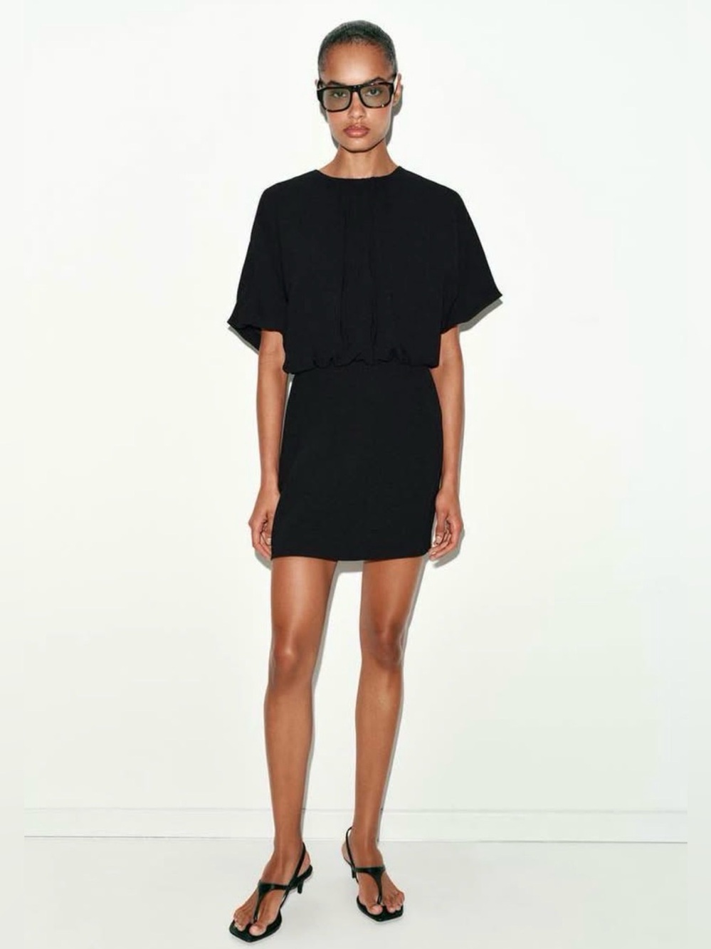 Zara Black Short-Sleeve Blouson Mini Dress
